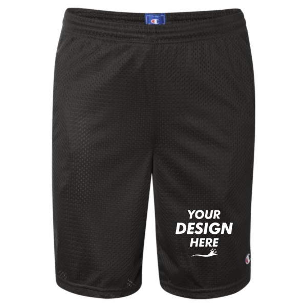 Champion Unisex 9" Mesh Shorts with Pockets, Black, Front view, Mockup