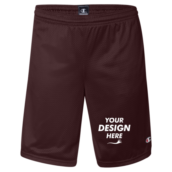 Champion Unisex 9" Mesh Shorts with Pockets, Maroon, Front view, Mockup