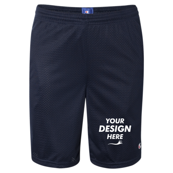 Champion Unisex 9" Mesh Shorts with Pockets, Navy, Front view, Mockup