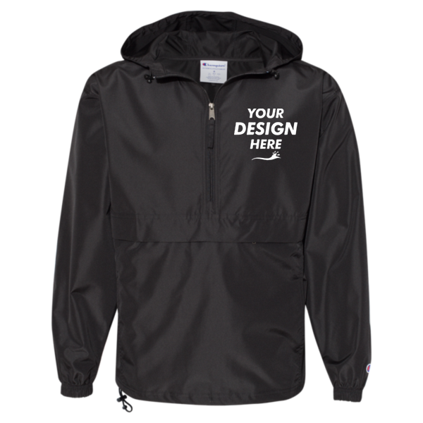 Champion Unisex Packable Anorak Jacket, Black, Front view, Mockup