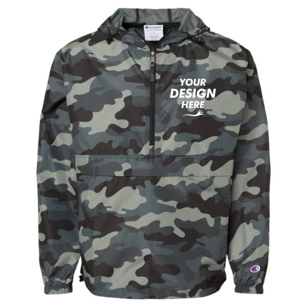 Champion Unisex Packable Anorak Jacket, Concrete Camo, Front view, Mockup