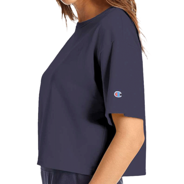 Champion Women's Heritage Jersey Crop T-Shirt, Navy, Left Sleeve view