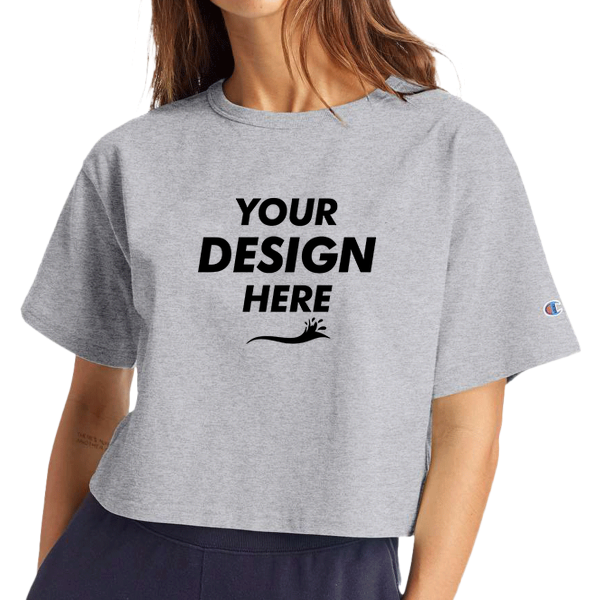 Champion Women's Heritage Jersey Crop T-Shirt, Oxford Grey, Front view, Mockup