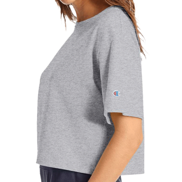 Champion Women's Heritage Jersey Crop T-Shirt, Oxford Grey, Left Sleeve view
