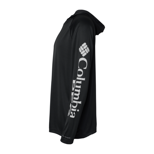 Columbia Men's PFG Terminal Tackle™ Hooded Long Sleeve T-Shirt, Black / Cool Grey, Left Sleeve view