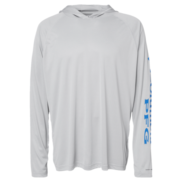 Columbia Men's PFG Terminal Tackle™ Hooded Long Sleeve T-Shirt, Cool Grey / Vivid Blue, Front view