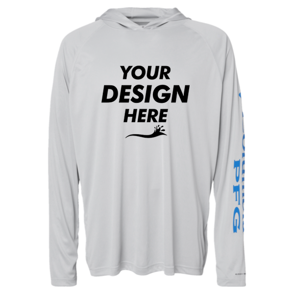 Columbia Men's PFG Terminal Tackle™ Hooded Long Sleeve T-Shirt, Cool Grey / Vivid Blue, Front view, Mockup