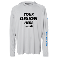 Columbia Men's PFG Terminal Tackle™ Hooded Long Sleeve T-Shirt, Cool Grey / Vivid Blue, Front view, Mockup