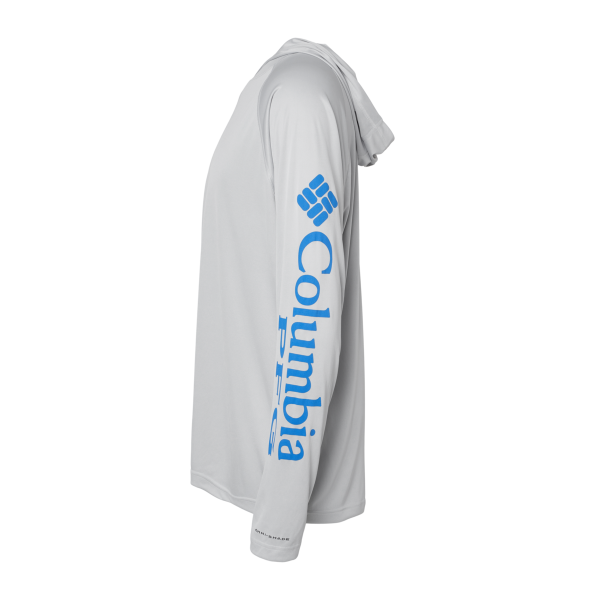 Columbia Men's PFG Terminal Tackle™ Hooded Long Sleeve T-Shirt, Cool Grey / Vivid Blue, Left Sleeve view