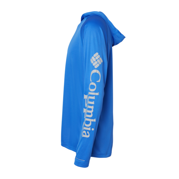 Columbia Men's PFG Terminal Tackle™ Hooded Long Sleeve T-Shirt, Vivid Blue / Cool Grey, Left Sleeve view