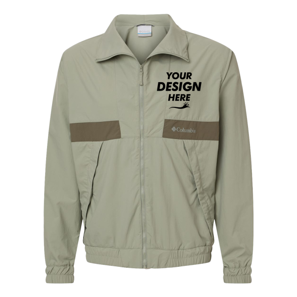 Columbia Men's Spire Valley™ Windbreaker, Safari / Stone Green, Front view, Mockup