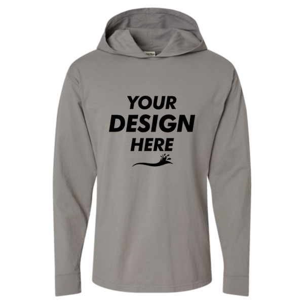 ComfortWash by Hanes Unisex Garment-Dyed Jersey Hooded Long Sleeve T-Shirt, Concrete Grey, Front view, Mockup