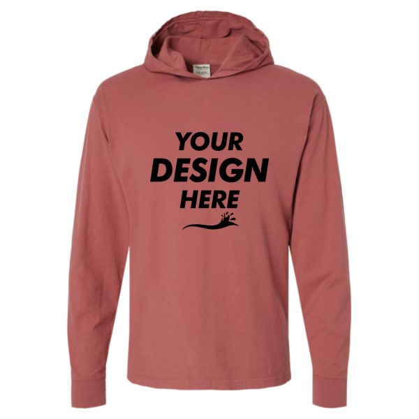 ComfortWash by Hanes Unisex Garment-Dyed Jersey Hooded Long Sleeve T-Shirt, Nantucket Red, Front view, Mockup