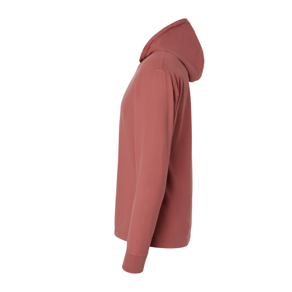 ComfortWash by Hanes Unisex Garment-Dyed Jersey Hooded Long Sleeve T-Shirt, Nantucket Red, Left Sleeve view