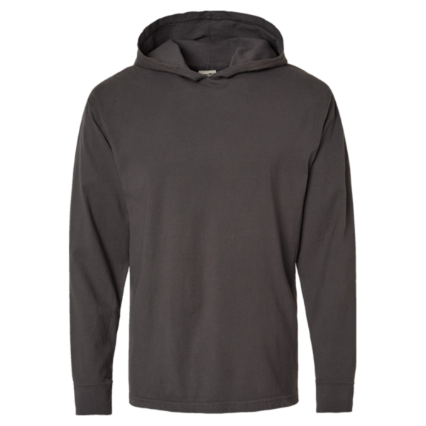 ComfortWash by Hanes Unisex Garment-Dyed Jersey Hooded Long Sleeve T-Shirt, New Railroad Grey, Front view
