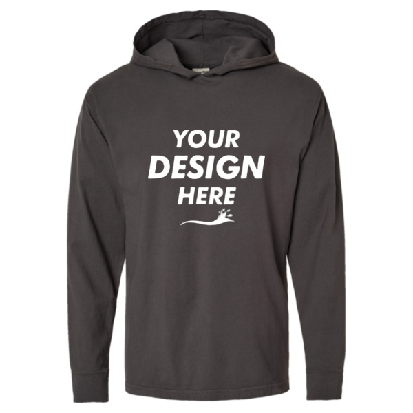 ComfortWash by Hanes Unisex Garment-Dyed Jersey Hooded Long Sleeve T-Shirt, New Railroad Grey, Front view, Mockup