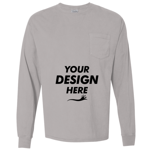 ComfortWash by Hanes Unisex Garment-Dyed Long Sleeve T-Shirt With a Pocket, Concrete Grey, Front view, Mockup