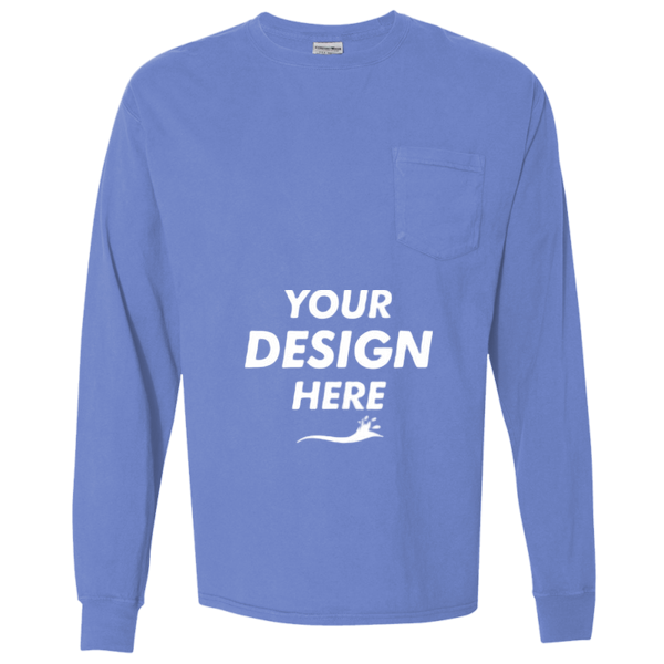 ComfortWash by Hanes Unisex Garment-Dyed Long Sleeve T-Shirt With a Pocket, Deep Forte Blue, Front view, Mockup
