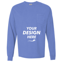 ComfortWash by Hanes Unisex Garment-Dyed Long Sleeve T-Shirt With a Pocket, Deep Forte Blue, Front view, Mockup
