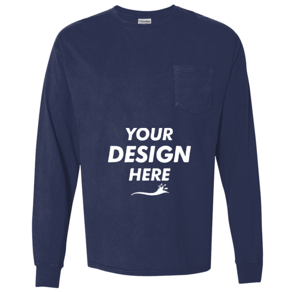 ComfortWash by Hanes Unisex Garment-Dyed Long Sleeve T-Shirt With a Pocket, Navy, Front view, Mockup