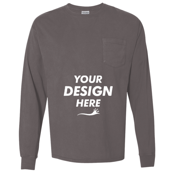 ComfortWash by Hanes Unisex Garment-Dyed Long Sleeve T-Shirt With a Pocket, New Railroad Grey, Front view, Mockup
