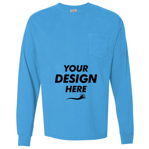 ComfortWash by Hanes Unisex Garment-Dyed Long Sleeve T-Shirt With a Pocket, Summer Sky Blue, Front view, Mockup