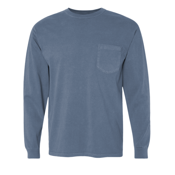 Comfort Colors Unisex Garment-Dyed Heavyweight Long Sleeve Pocket T-Shirt, Blue Jean, Front view