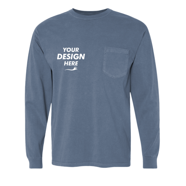 Comfort Colors Unisex Garment-Dyed Heavyweight Long Sleeve Pocket T-Shirt, Blue Jean, Front view, Mockup