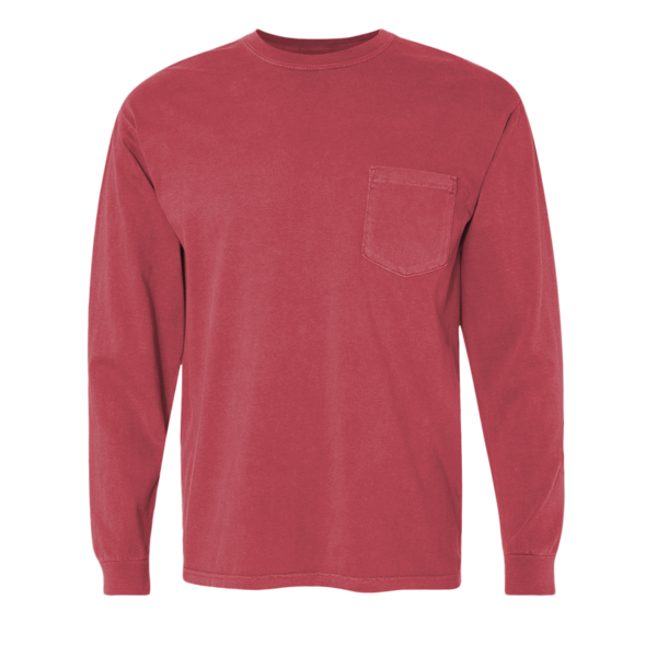 Comfort Colors Unisex Garment-Dyed Heavyweight Long Sleeve Pocket T-Shirt, Crimson, Front view