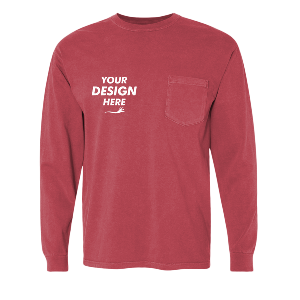 Comfort Colors Unisex Garment-Dyed Heavyweight Long Sleeve Pocket T-Shirt, Crimson, Front view, Mockup