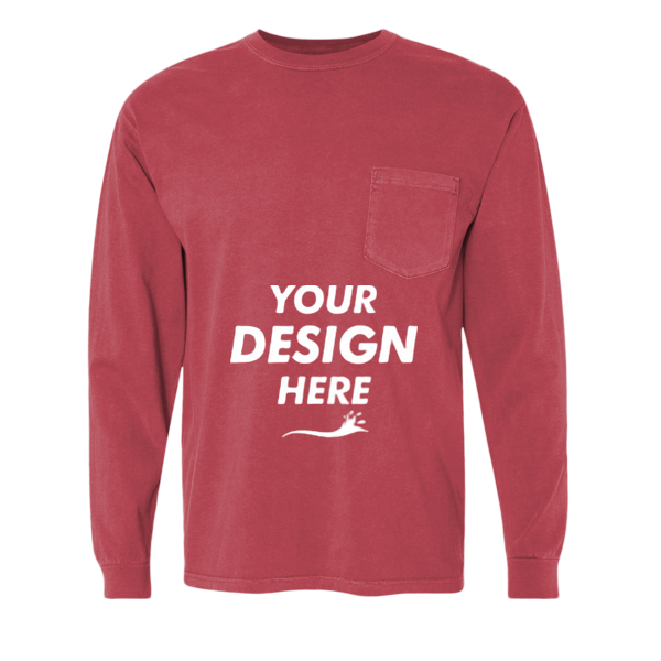 Comfort Colors Unisex Garment-Dyed Heavyweight Long Sleeve Pocket T-Shirt, Crimson, Front view, Mockup