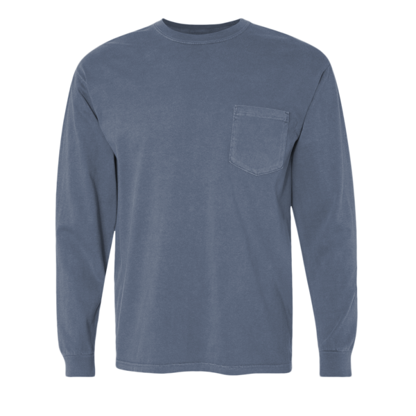 Comfort Colors Unisex Garment-Dyed Heavyweight Long Sleeve Pocket T-Shirt, Denim, Front view
