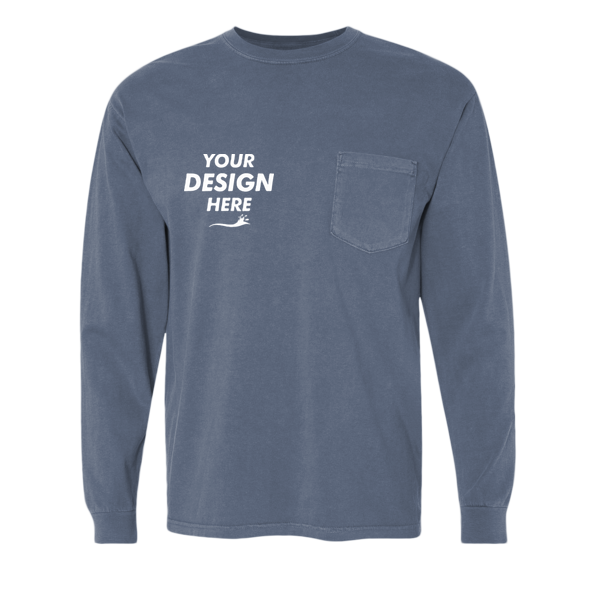 Comfort Colors Unisex Garment-Dyed Heavyweight Long Sleeve Pocket T-Shirt, Denim, Front view, Mockup