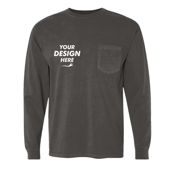 Comfort Colors Unisex Garment-Dyed Heavyweight Long Sleeve Pocket T-Shirt, Pepper, Front view, Mockup