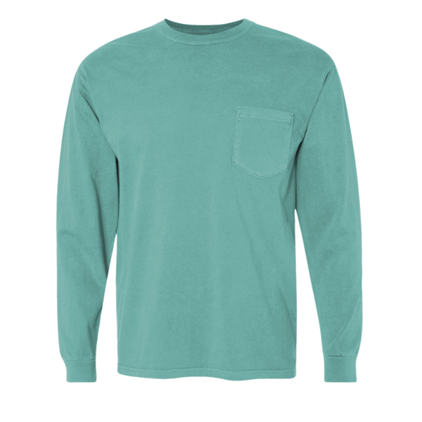 Comfort Colors Unisex Garment-Dyed Heavyweight Long Sleeve Pocket T-Shirt, Seafoam, Front view