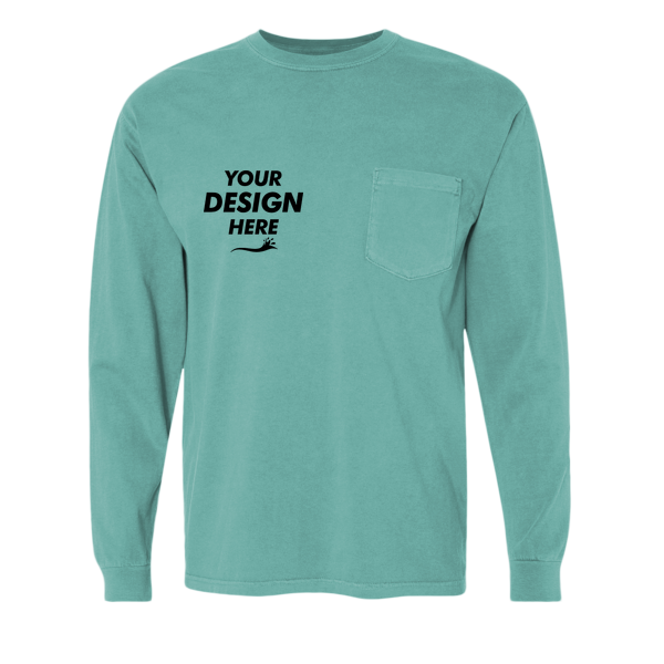 Comfort Colors Unisex Garment-Dyed Heavyweight Long Sleeve Pocket T-Shirt, Seafoam, Front view, Mockup