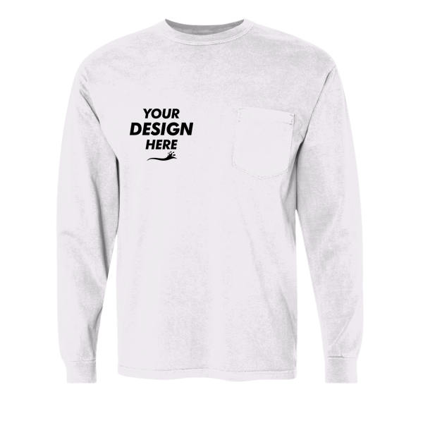 Comfort Colors Unisex Garment-Dyed Heavyweight Long Sleeve Pocket T-Shirt, White, Front view, Mockup