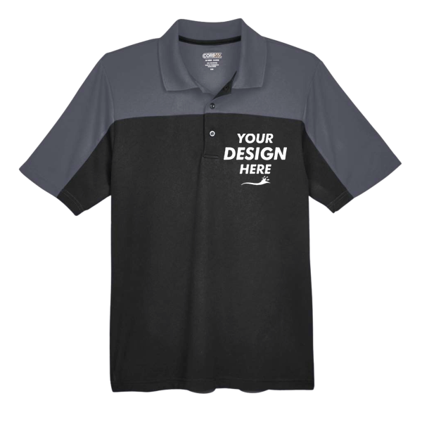 Core 365 Men's Balance Colorblock Performance Piqué Polo, Black / Carbon, Front view, Mockup