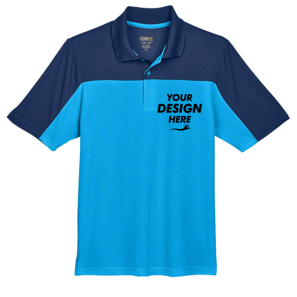 Core 365 Men's Balance Colorblock Performance Piqué Polo, Electric Blue / Classic Navy, Front view, Mockup