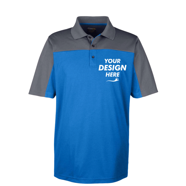 Core 365 Men's Balance Colorblock Performance Piqué Polo, True Royal / Carbon, Front view, Mockup