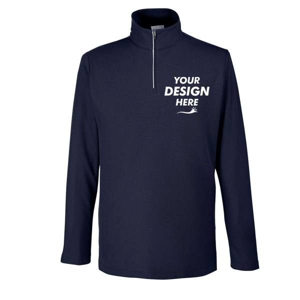 Core 365 Men's Fusion ChromaSoft™ Pique Quarter-Zip Pullover, Classic Navy, Front view, Mockup