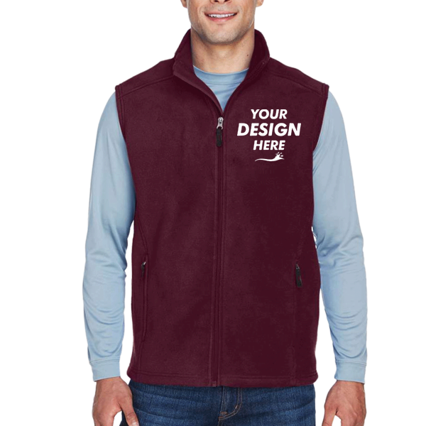 Core 365 Men's Journey Fleece Vest, Burgundy, Front view, Mockup