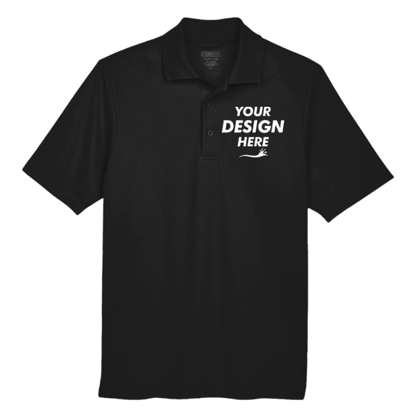 Core 365 Men's Origin Performance Piqué Polo, Black, Front view, Mockup