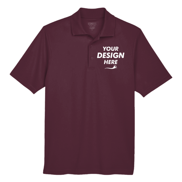 Core 365 Men's Origin Performance Piqué Polo, Burgundy, Front view, Mockup
