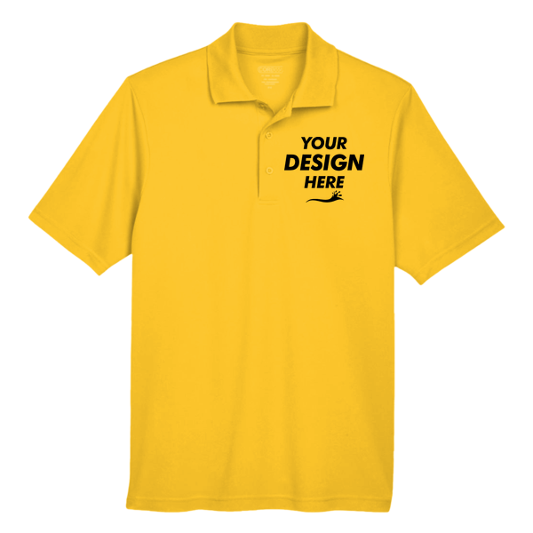 Core 365 Men's Origin Performance Piqué Polo, Campus Gold, Front view, Mockup