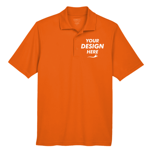 Core 365 Men's Origin Performance Piqué Polo, Campus Orange, Front view, Mockup