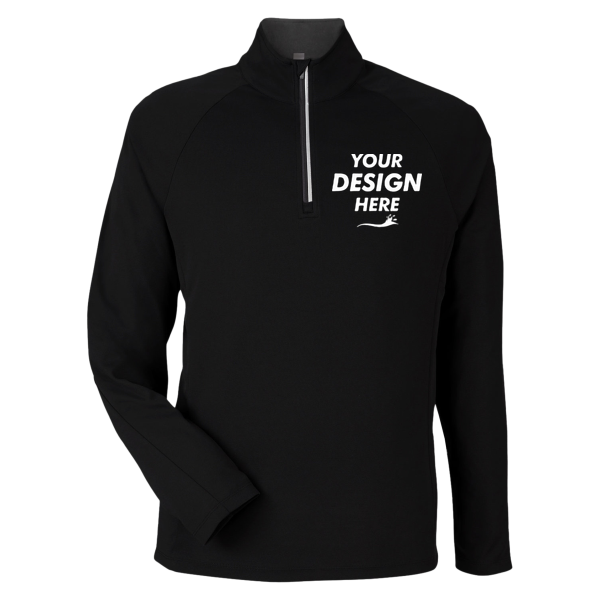 Core 365 Men's Origin Performance Pique Quarter-Zip Pullover, Black / Carbon, Front view, Mockup