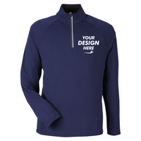 Core 365 Men's Origin Performance Pique Quarter-Zip Pullover, Classic Navy Heather / Carbon, Front view, Mockup