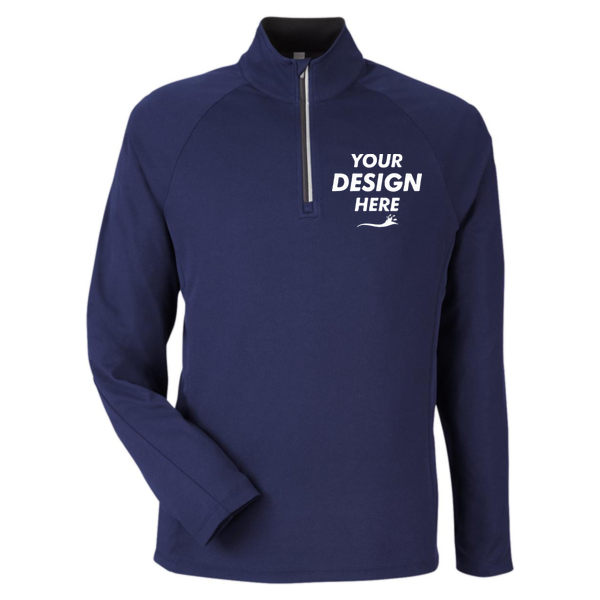 Core 365 Men's Origin Performance Pique Quarter-Zip Pullover, Classic Navy Heather / Carbon, Front view, Mockup