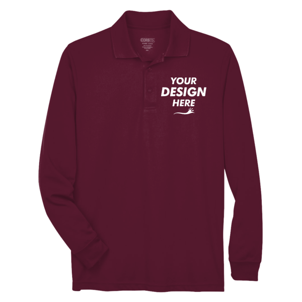 Core 365 Men's Pinnacle Performance Long Sleeve Piqué Polo, Burgundy, Front view, Mockup